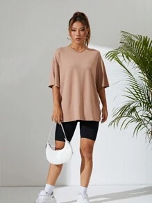 SHEIN EZwear 寬鬆款圓領短袖t恤,適合休閒夏季穿搭 - 卡其色 - 查看 4