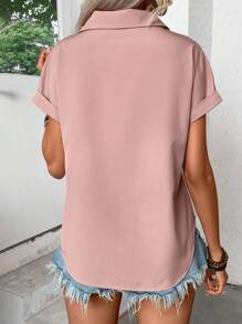 EMERY ROSE 女士夏季纯色褶皱蝙蝠袖短袖休闲衬衫、短袖上衣 - 藕粉色 - 查看 2