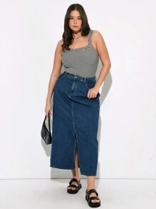 SHEIN BASICS 大尺碼2入組夏季休閒修身無袖針織條紋背心 - 黑與白 - 查看 9