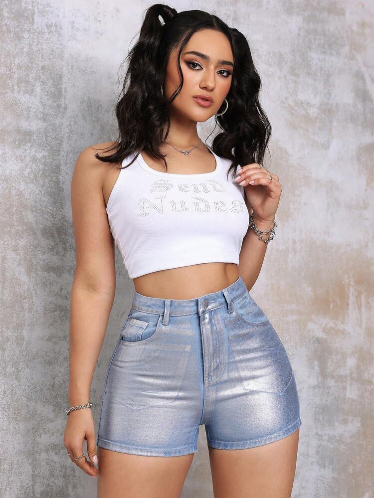 Metallic Mid Waist Loose Women's Denim Shorts