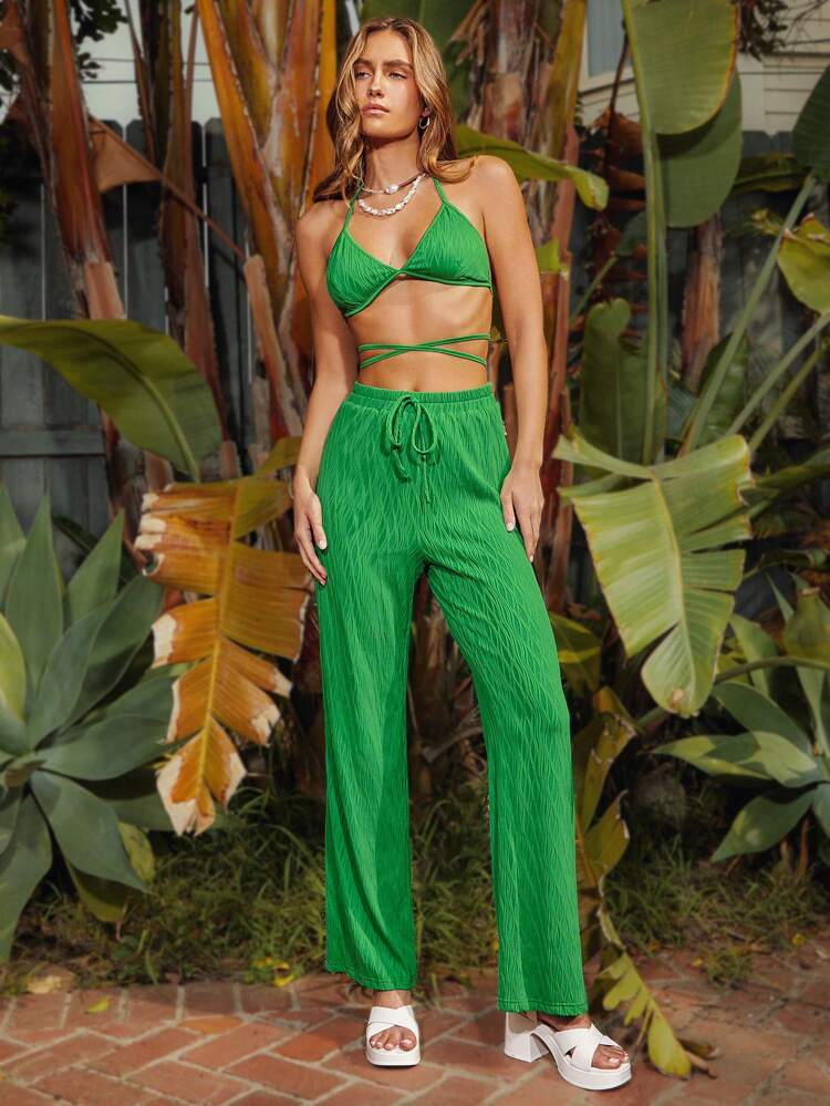 Women's Spring/Summer Tropical Beach Holiday High Waist Textured Green Casual Pants With Front Knot