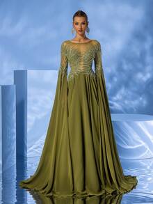 YISIKADO 女士奢华舞会礼服正式晚礼服串珠亮片雪纺长裙圆领开叉袖皇家优雅婚礼晚宴返校 - 橄欖綠 - 查看 5