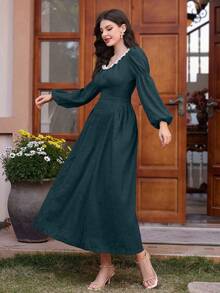 Modelyn Của phụ nữ Đúng mốt Tay áo dài Vòng cổ Đầm - Màu xanh lá cây đậm - Xem 8