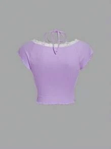 SHEIN MOD Women's Lace Spring Break Trim Halter Tie Neck T-Shirt - Purple - View 2