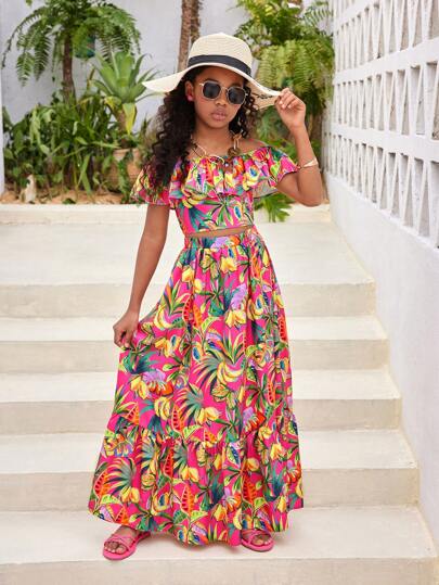 SHEIN Tween Girl Codzienny, swobodny, wiosenno-letni zestaw z tkanym topem i spódnicą z odkrytymi ramionami z tropikalnym nadrukiem