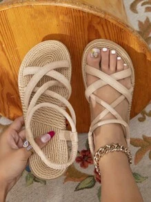 Phụ nữ mới Dép đế bệt có dây cá tính đơn giản dành cho kỳ nghỉ đi biển, Tiệc ngày lễ, Đám cưới, Lễ hội, Giày trượt quai chéo thời trang HI - Màu be - Xem 5