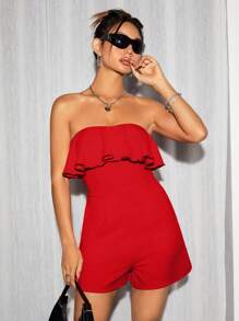 SHEIN PETITE Women's Red Off-The-Shoulder Playsuit With Ruffle Hem - Black - View 4