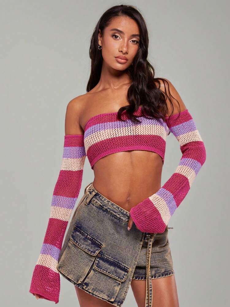 Women's Off Shoulder Striped Long Sleeve Hollow Out Cropped Knitted Sweater