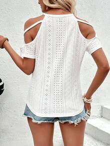 SHEIN LUNE Women's Solid Color Burnout Floral Embroidery Open Shoulder Short Sleeve T-Shirt - White - View 2