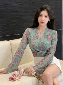 DAZY Women's Floral Printed Kimono Top With Cross Wrap Design - Green - View 1