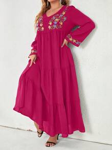 Mulvari Robe Longue Brodée Grande Taille Avec Style De Vacances - Rose vif - Voir 6