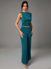 Silquee Summer Green Asymmetric One-Shoulder Gathered Pleated Women's Top And Wide-Leg Loose Trousers Women's Trousers Two-Piece Set