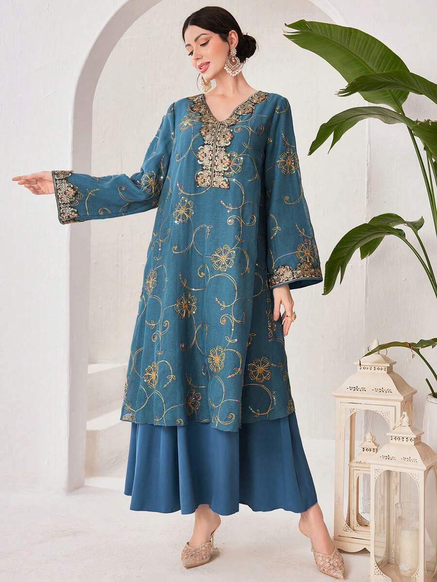 Al Najma Embroidery Patchwork Long Dress With Belt - Multicolor - View 1