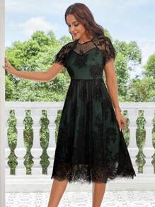 Floral Lace Scallop Trim Dress - Dark Green - View 1
