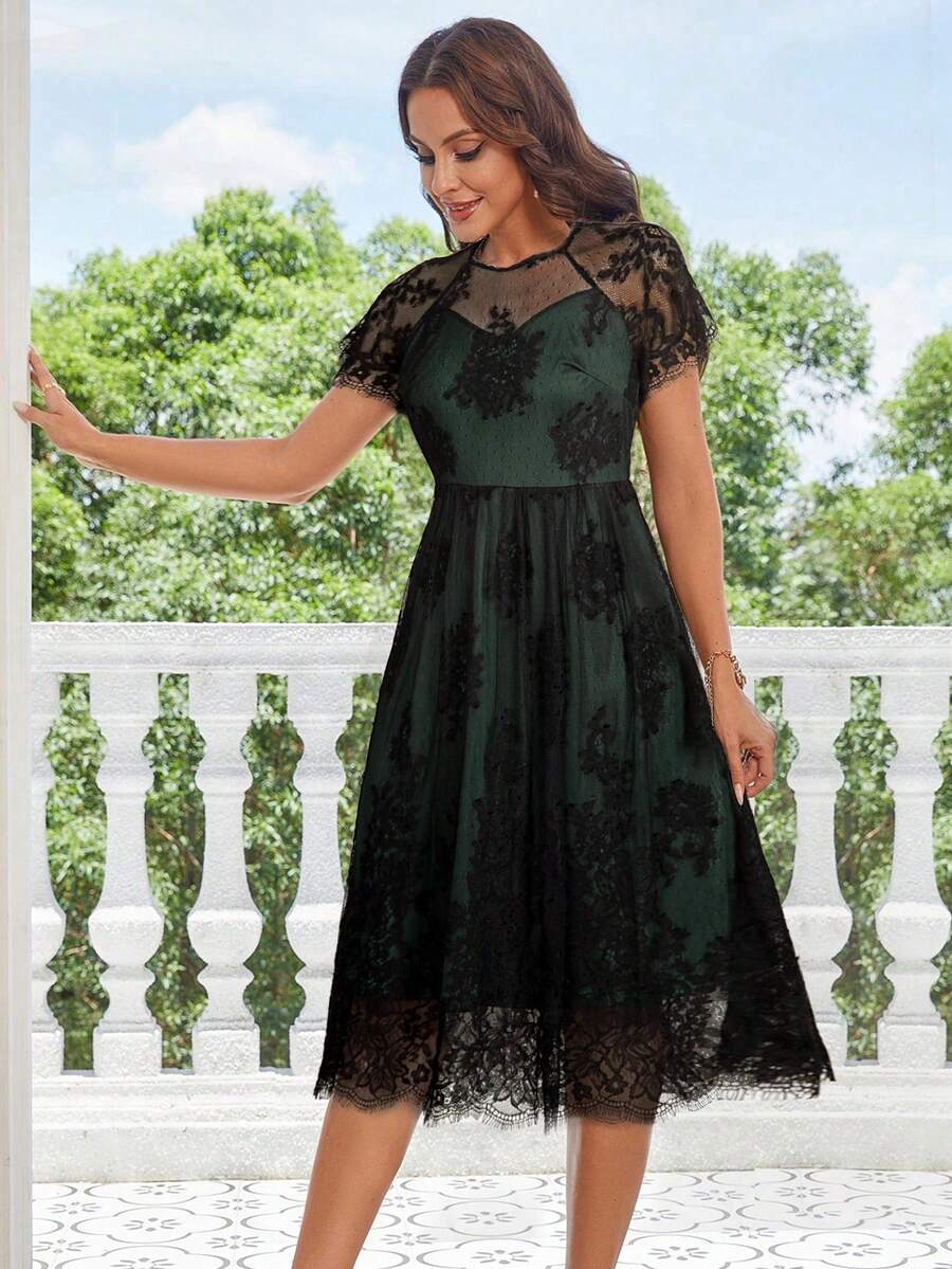 Floral Lace Scallop Trim Dress - Dark Green - View 1