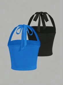 SHEIN EZwear 2pcs/Set Fashionable Knitted Women's Halter Neck Top - Royal Blue - View 2