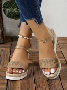 Nuevas sandalias de cuña de primavera/verano para mujer con suela de poliuretano ligera y decorada con cuerda - Caqui - Ver 5