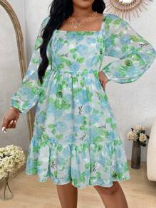Flirla Plus Size Women's Vacation Style Floral Print Lantern Sleeve Dress With Ruffle Hem For Spring And Summer - Multicolor - View 3