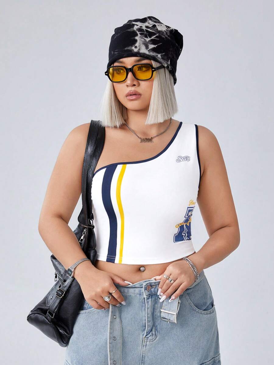 SHEIN EZwear CURVE 2024 Kích thước lớn Vai không đối xứng Đội Lá thư & Khối màu In Áo - trắng - Xem 1