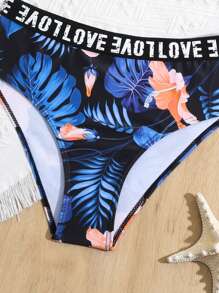 Ensemble bikini bandeau pour fille préadolescente à imprimé tropical aléatoire avec détail de lettre