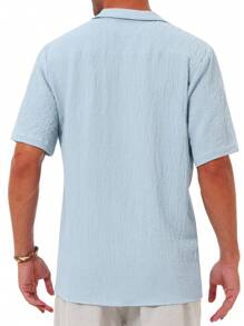 男士休闲短袖按扣领度假夏威夷纹理衬衫，夏季沙滩装 - 藍色 - 查看 3