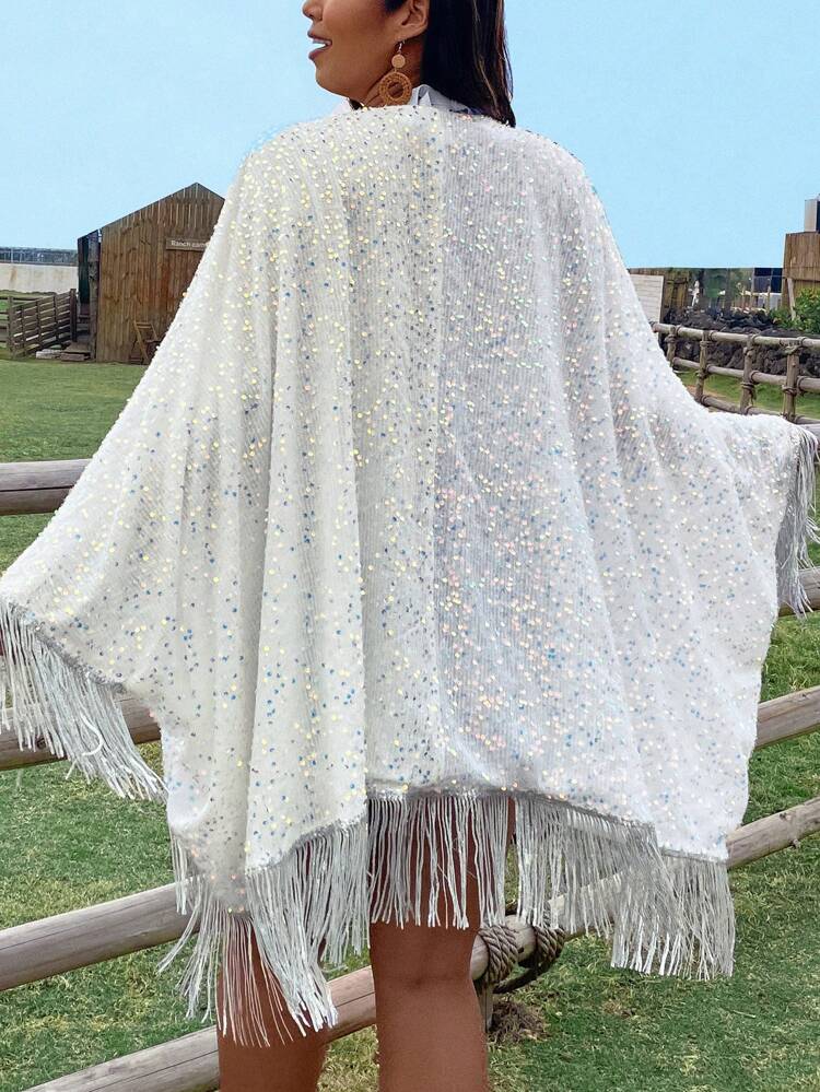 Plus Size Loose Fit Sequin Fringe Hem Open Front Jacket
