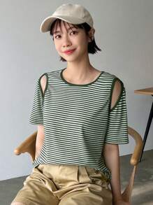 FRIFUL 空心條紋女t恤 - 綠色 - 查看 1