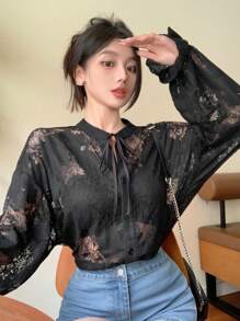 DAZY 女士春夏季蕾丝长袖衬衫，带领带，外出上衣，透明长袖上衣 - 黑色 - 查看 8