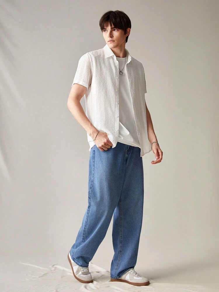 Men's Solid Color Button-Down Weave Short Sleeve Shirt