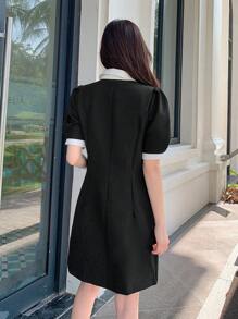 DAZY 女士短袖泡泡袖连衣裙，撞色领子，单排扣设计，适合夏季太阳裙衬衫裙 - 黑與白 - 查看 5