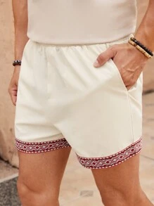 Manfinity VCAY Men's Casual Weaving Shorts With Pockets, Geometric Printed Patchwork Graphic Vacation Color Block Shorts, For Husband, Boyfriend Gifts