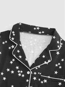 ROMWE Goth 哥德式星形印花睡衣套裝包括襯衫式開襟針織外套和短褲 - 黑色 - 查看 3