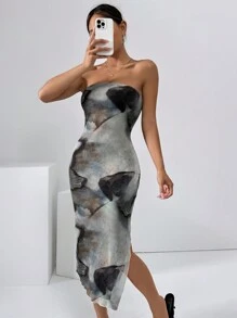 SHEIN Essnce Multicolor Tie Dye Strapless Mesh Split Dress For Summer - Multicolor - View 5