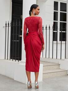 SHEIN Belle Sweetheart Collared Lace Patchwork Pleated Split Hem Dress - Burgundy - View 2