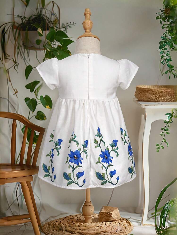 Baby Girl's Floral Print Puff Sleeve Bubble Dress, Cute Princess Summer Outfit