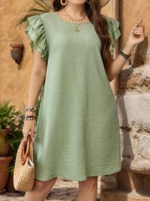 EMERY ROSE Plus Size Solid Color Ruffle Hem Dress - Green - View 1