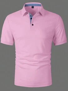 Manfinity Mode Men's Solid Color Front Button Short Sleeve Polo Shirt - Pink - View 4