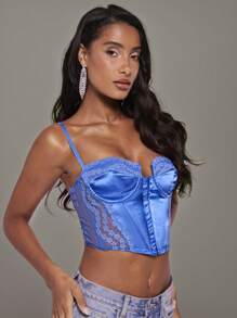 SHEIN BAE Lace And Satin Panel Corset Cami Top, Bikini Holidays & Music Festivals