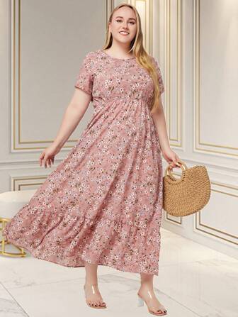 Plus Size Women's Short Sleeve Bohemian Floral Printed Pocket Beach Dress With Small Flower