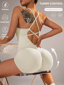 Slayform 女士純色後交叉帶瑜伽運動連體褲 - 米色 - 查看 6