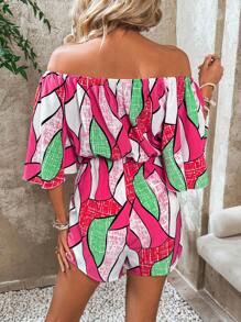 Breezaya Bộ áo liền quần in hoa lệch vai phong cách ngày lễ với tay áo kèn - Nhiều màu - Xem 2