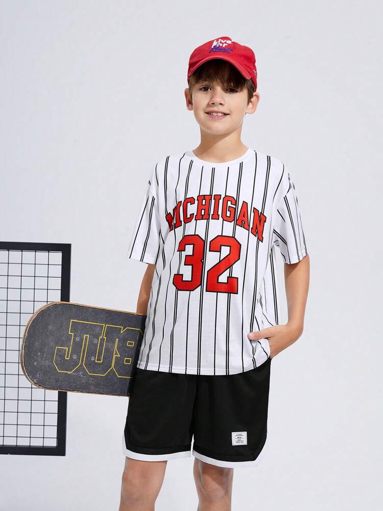 3pcs/Set Tween Boys' Loose Fit Sports Pattern Short Sleeve T-Shirt, Shirt And Shorts