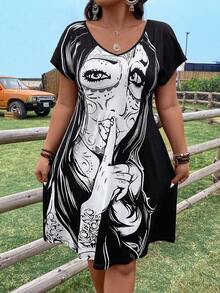 SHEIN LUNE 大尺碼女性夏季休閒v領短袖印花連衣裙,印有角色圖案 - 黑色 - 查看 4