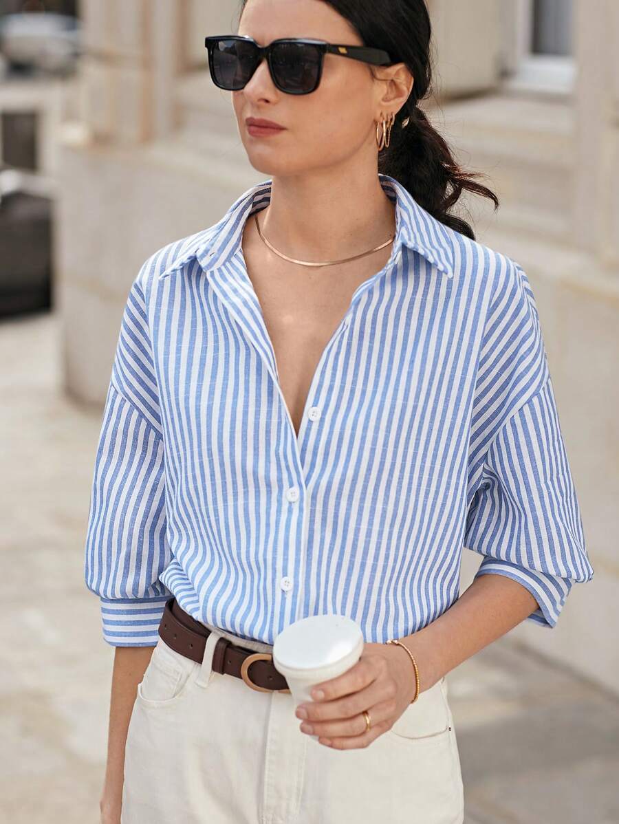 Poéselle Drop Shoulder Shirt Women's Long Sleeve Striped Shirt, Cute Summer Tops, Summer Women's Clothing, White Shirt, Fresh Casual Shirt, Button Closure, Covered Shirt, Lightweight And Breathable Made Of Comfy Material, Suitable For Holiday Going Out, Casual Daily 100% Cotton - Baby Blue - View 1