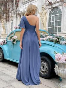QOQ Váy phù dâu chiffon tay bèo xếp ly màu trơn phong cách tối giản mặc hàng ngày - Màu xanh bụi bặm - Xem 2