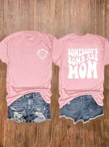 SHEIN LUNE 女士夏季休閒t恤,標語印花和圓領設計 - 淺粉色 - 查看 1