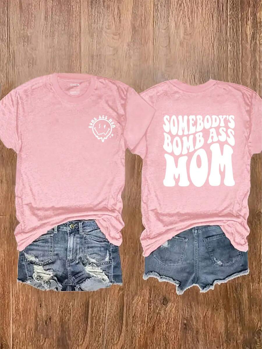 SHEIN LUNE 女士夏季休閒t恤,標語印花和圓領設計 - 淺粉色 - 查看 1