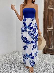 SHEIN Clasi Tropical Printed Strapless Dress With Diagonal Pocket - Multicolor - View 5