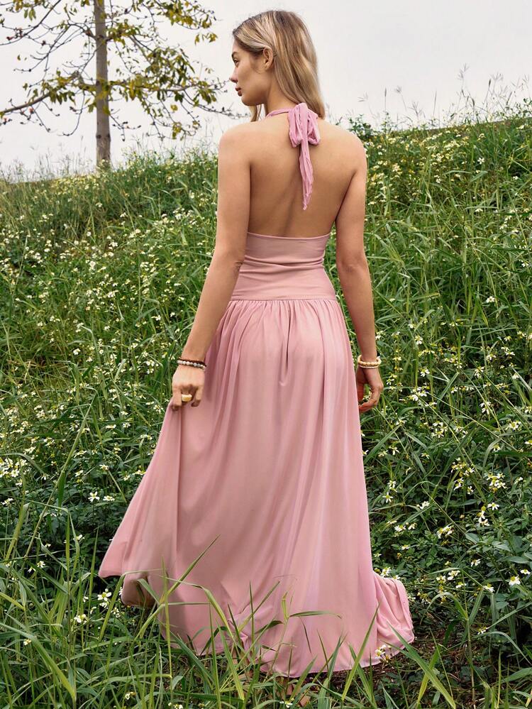 Vacation Style Women's Butterfly Embroidered Halter Neck Backless Dress With Ruffled Hem