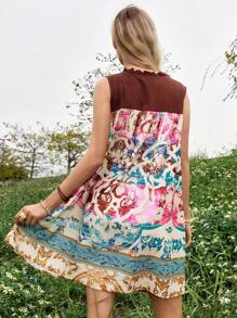 Bohemela Vacation Style Full Printed Sleeveless Casual Dress With Knot Detail On Collar - Multicolor - View 2